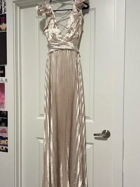 Studio Shimmery Champagne Ruffle-Strap Pleated Maxi Dress